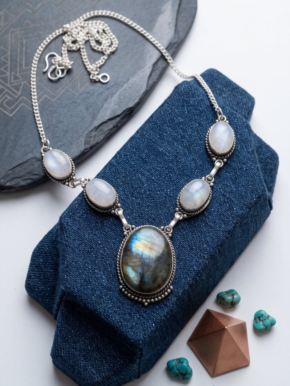 925 Silver Genuine Labradorite Moonstone Statement Necklace Whimsigoth Bohemian - Picture 5 of 14